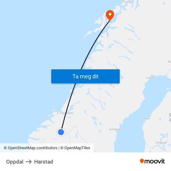 Oppdal to Harstad map