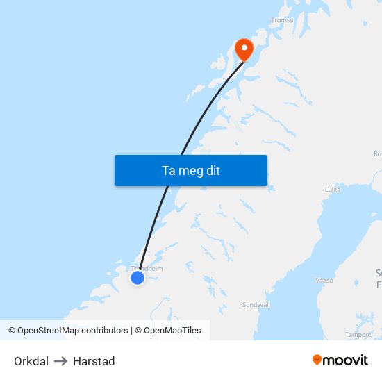 Orkdal to Harstad map
