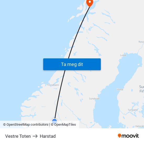 Vestre Toten to Harstad map