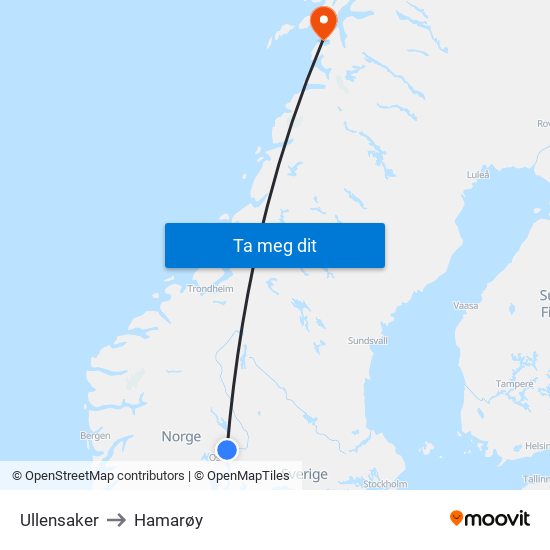 Ullensaker to Hamarøy map