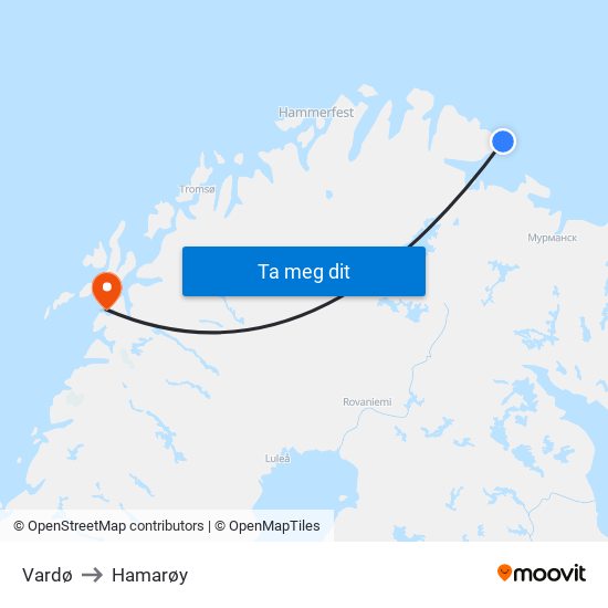 Vardø to Hamarøy map