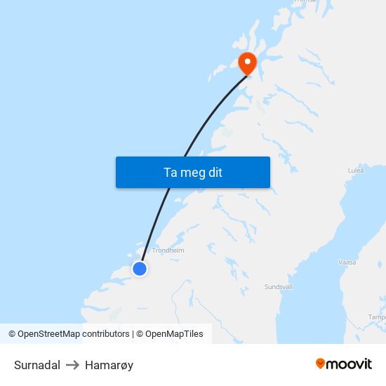 Surnadal to Hamarøy map