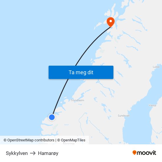 Sykkylven to Hamarøy map