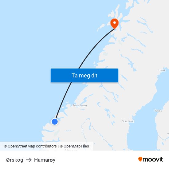 Ørskog to Hamarøy map