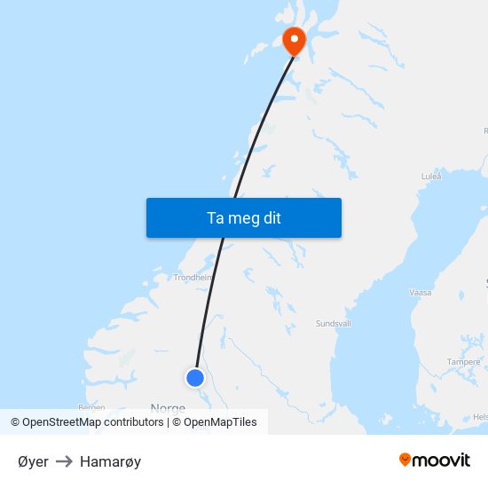 Øyer to Hamarøy map