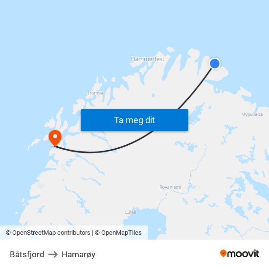 Båtsfjord to Hamarøy map