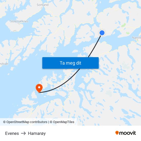 Evenes to Hamarøy map