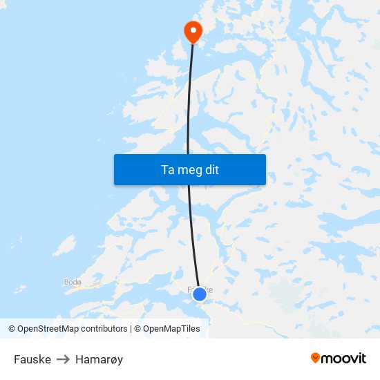 Fauske to Hamarøy map