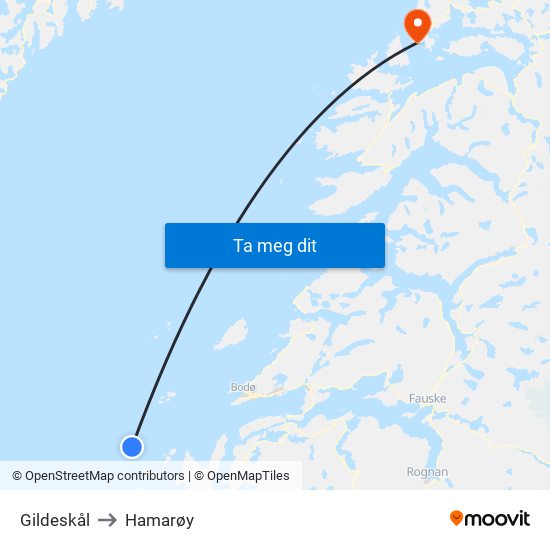 Gildeskål to Hamarøy map