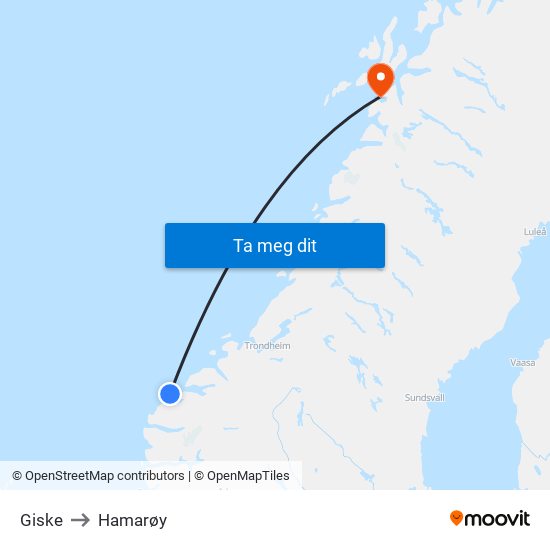 Giske to Hamarøy map