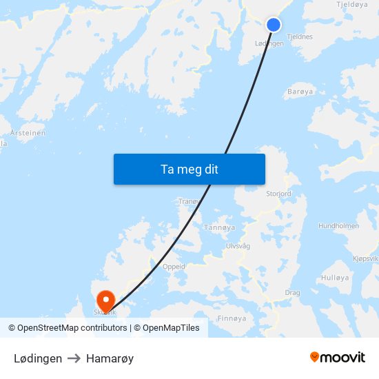 Lødingen to Hamarøy map