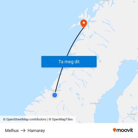 Melhus to Hamarøy map