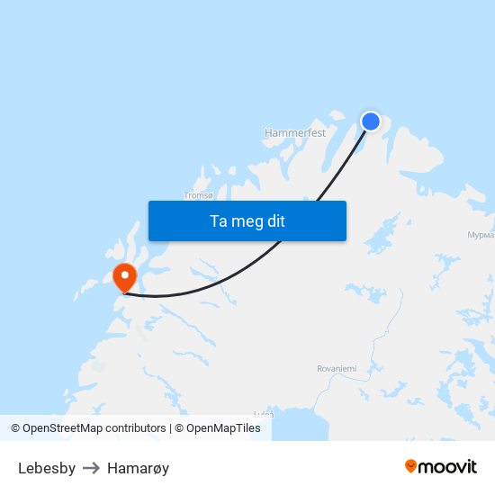 Lebesby to Hamarøy map