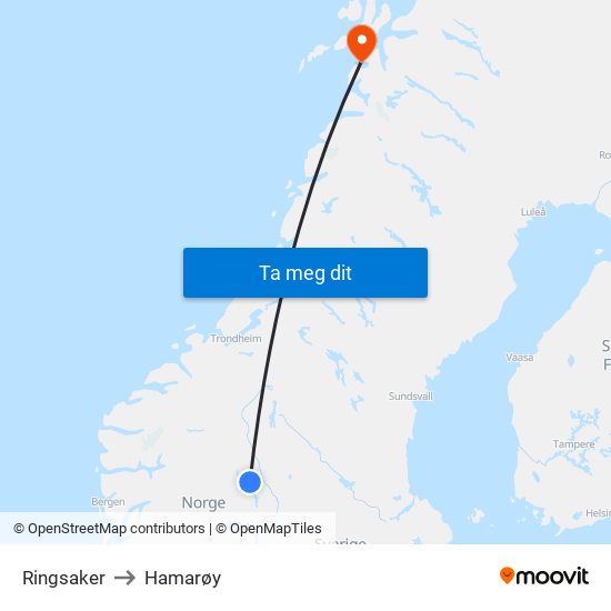 Ringsaker to Hamarøy map