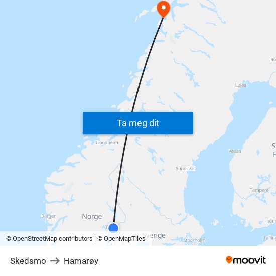 Skedsmo to Hamarøy map