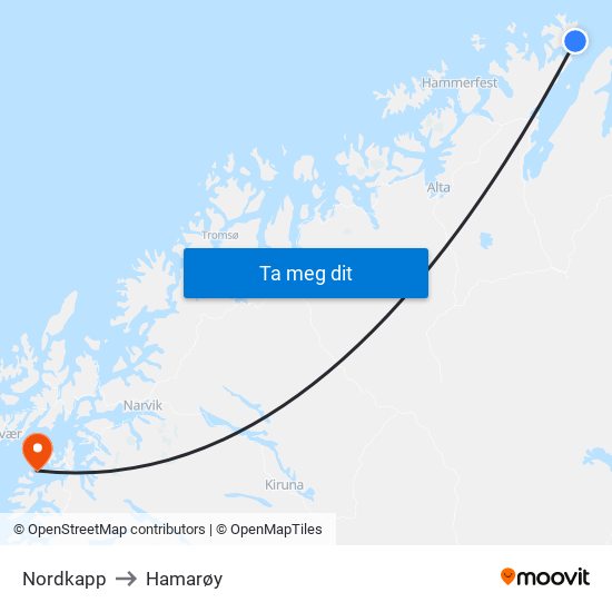 Nordkapp to Hamarøy map