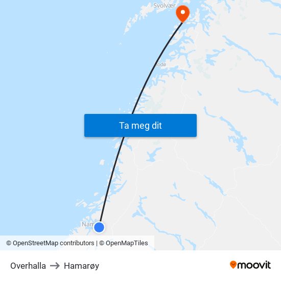 Overhalla to Hamarøy map