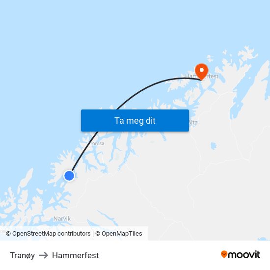 Tranøy to Hammerfest map