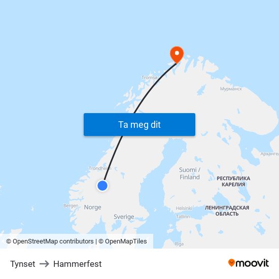 Tynset to Hammerfest map