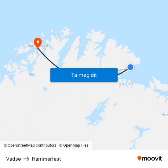 Vadsø to Hammerfest map