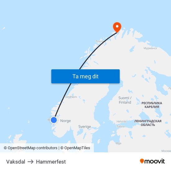 Vaksdal to Hammerfest map