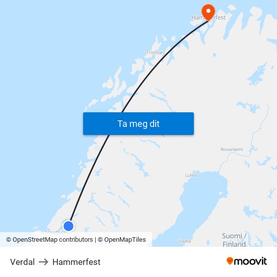 Verdal to Hammerfest map