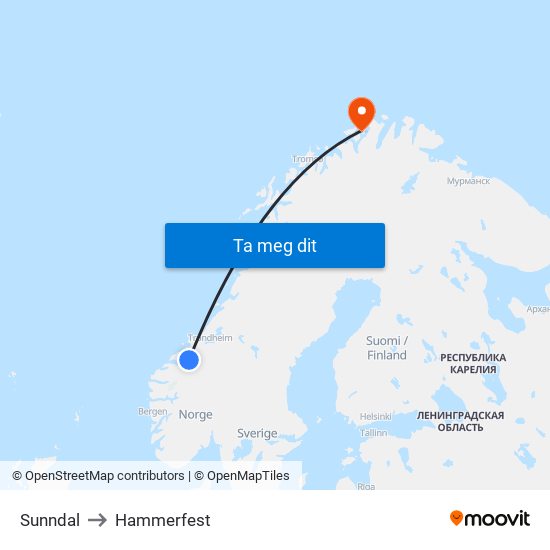 Sunndal to Hammerfest map