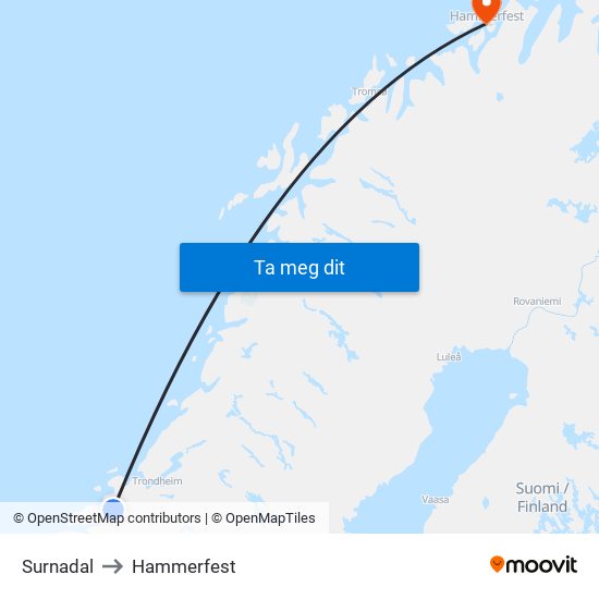 Surnadal to Hammerfest map