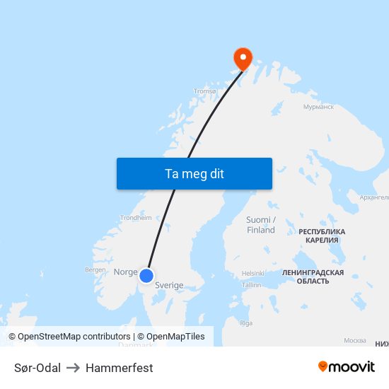 Sør-Odal to Hammerfest map