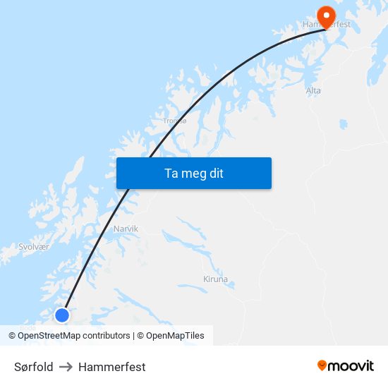 Sørfold to Hammerfest map