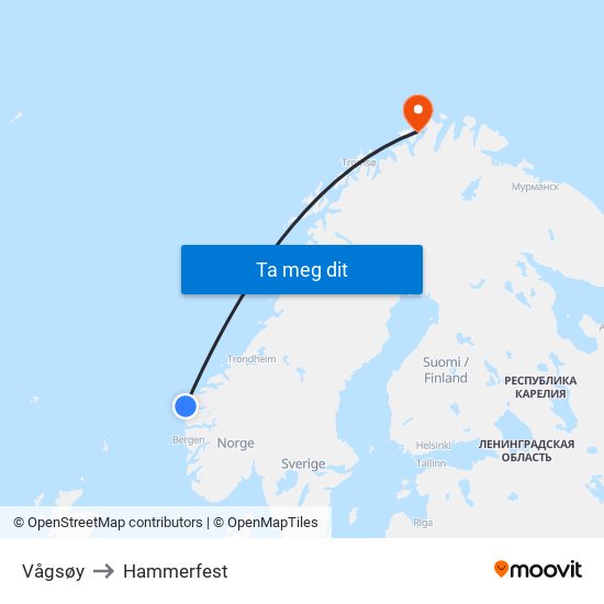 Vågsøy to Hammerfest map
