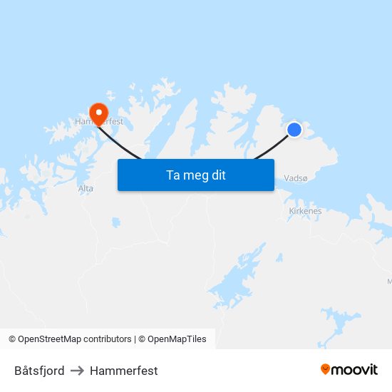 Båtsfjord to Hammerfest map