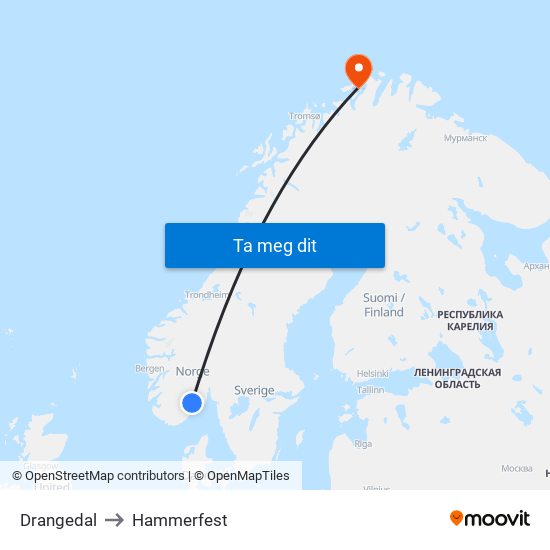 Drangedal to Hammerfest map