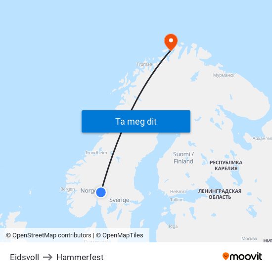 Eidsvoll to Hammerfest map