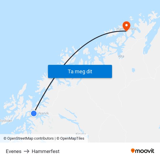 Evenes to Hammerfest map