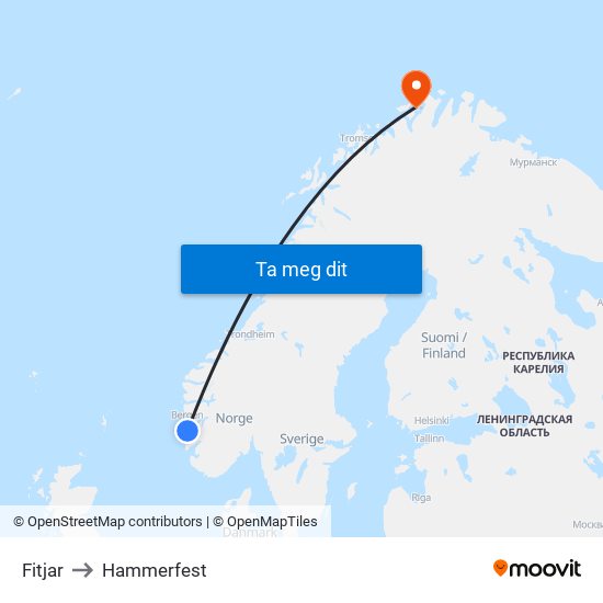 Fitjar to Hammerfest map