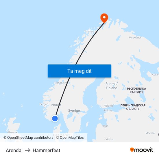 Arendal to Hammerfest map