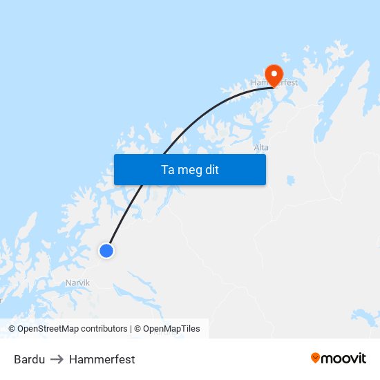 Bardu to Hammerfest map