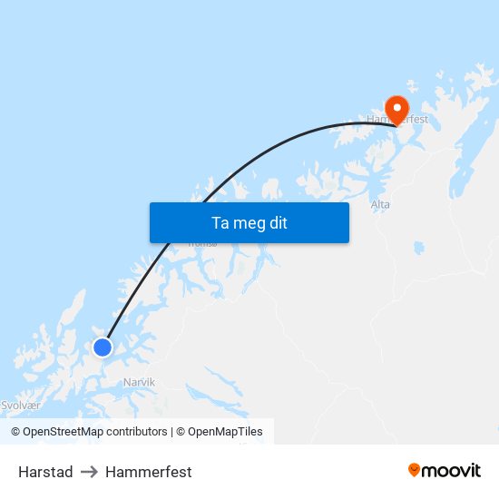 Harstad to Hammerfest map