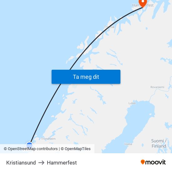 Kristiansund to Hammerfest map