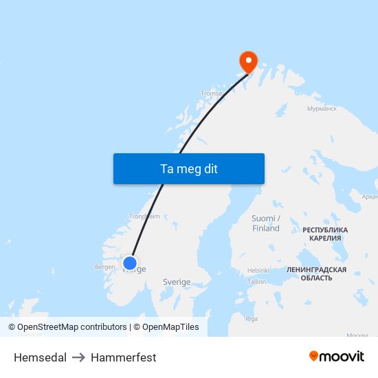 Hemsedal to Hammerfest map