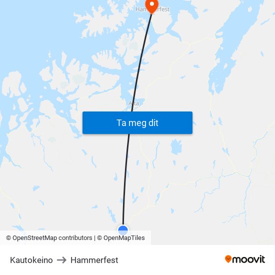 Kautokeino to Hammerfest map