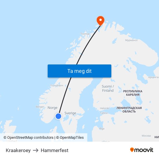 Kraakeroey to Hammerfest map