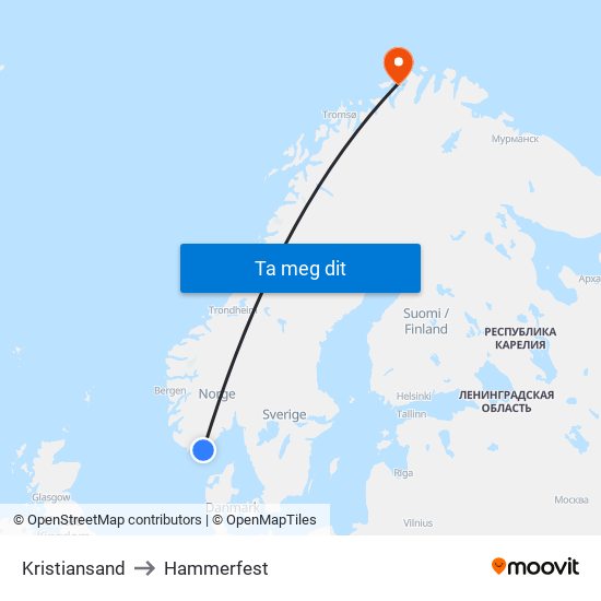 Kristiansand to Hammerfest map