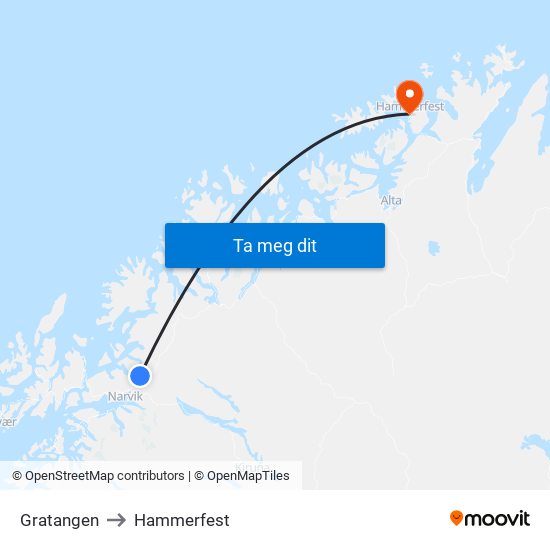 Gratangen to Hammerfest map