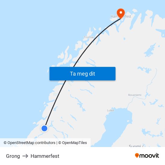 Grong to Hammerfest map