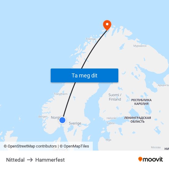 Nittedal to Hammerfest map