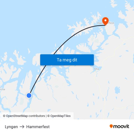 Lyngen to Hammerfest map