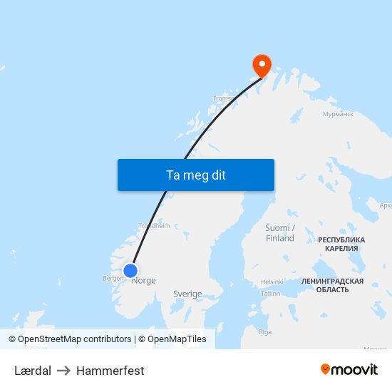 Lærdal to Hammerfest map