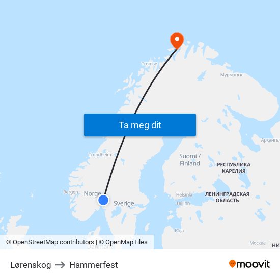 Lørenskog to Hammerfest map